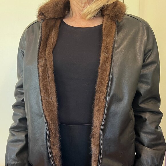 Reversible Dark Brown Leather and Mink Fur Jacket with pockets - Vintage Size 2 - Picture 3 of 11